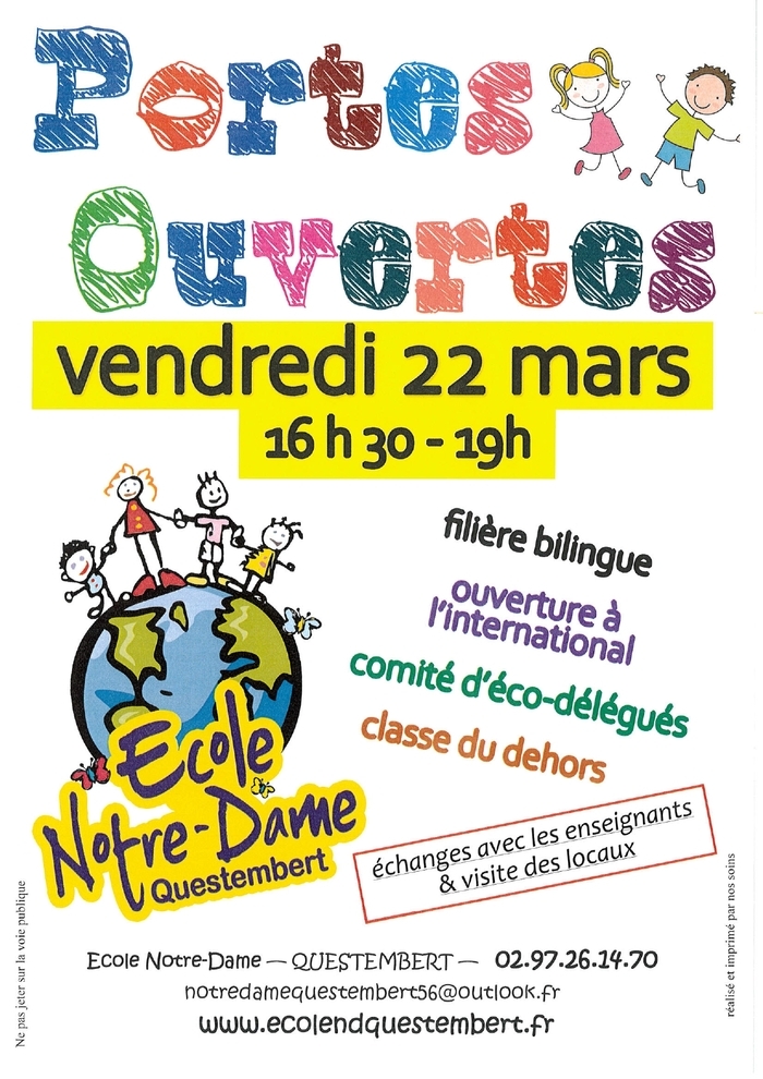Portes ouvertes de l'école Notre Dame à Questembert samedi 22 mars 2024 de 16h30 à 19h