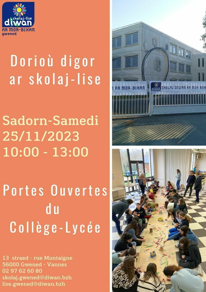 Dalc'het e vo dorioù digor ar skolaj-lise d'ar Sadorn 25 a viz Du 2023.
      Les portes ouvertes du Collège-Lycée se tiendront le samedi 25 novembre 2023.