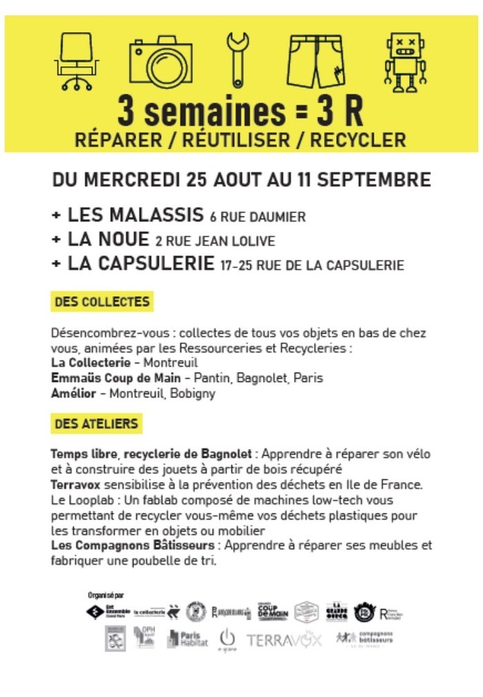 Collecte d'objets, atelier de réparation de vélo, de matériel électronique, atelier couture et bois