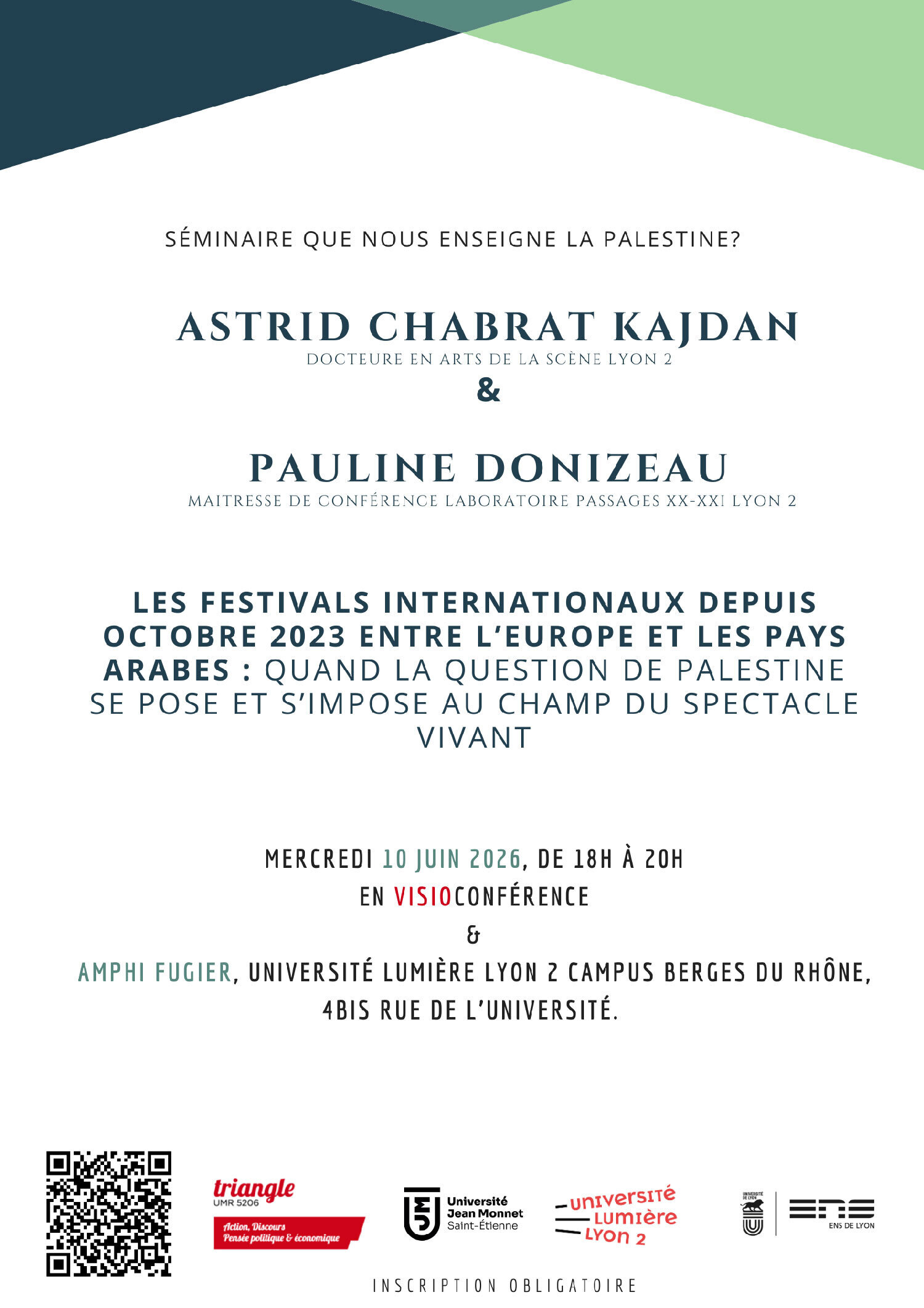 Séminaire : QUAND LA QUESTION DE PALESTINE SE POSE ET S’IMPOSE AU CHAMP DU SPECTACLE VIVANT