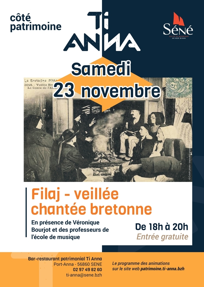 Le filaj sera précédé d’une journée de stage de chant traditionnel du pays Vannetais, animée par Véronique Bourjot, à l’école de musique de Séné.