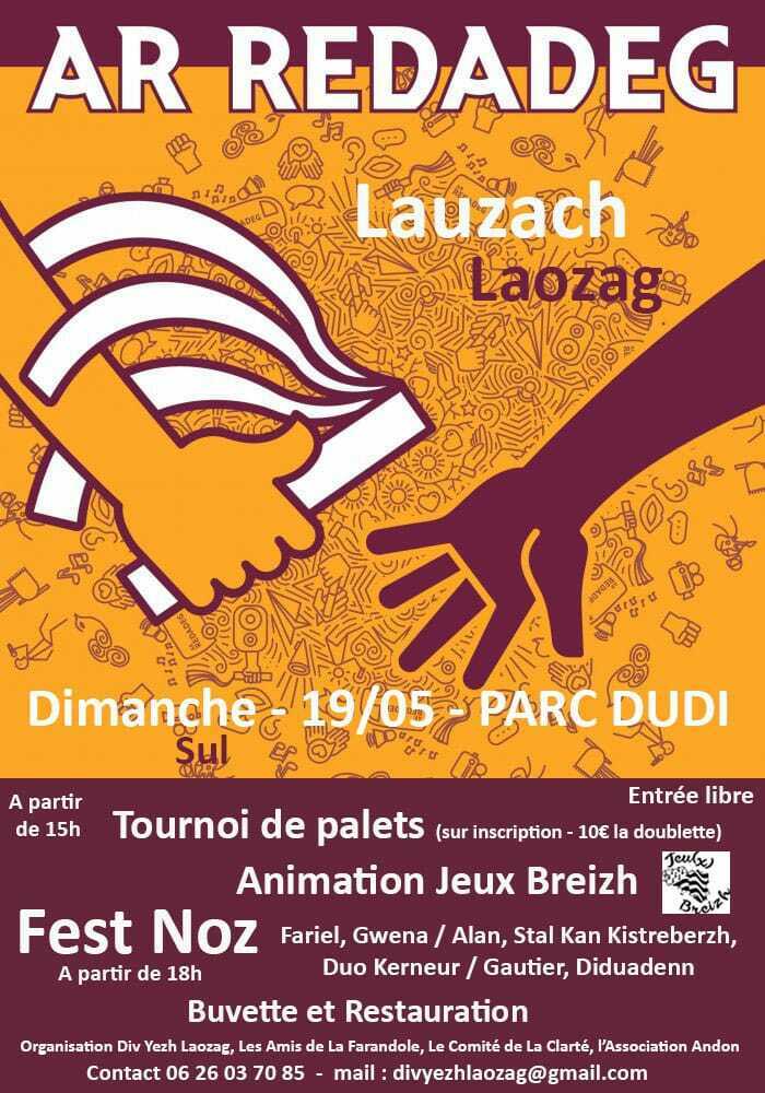 Venez célébrer le passage de la Redadeg à Lauzach pour une après-midi avec un tournoi de palets, des jeux bretons, suivi d'un Fest-noz à 18h. Le passage de la Redadeg aura lieu à 22h40.