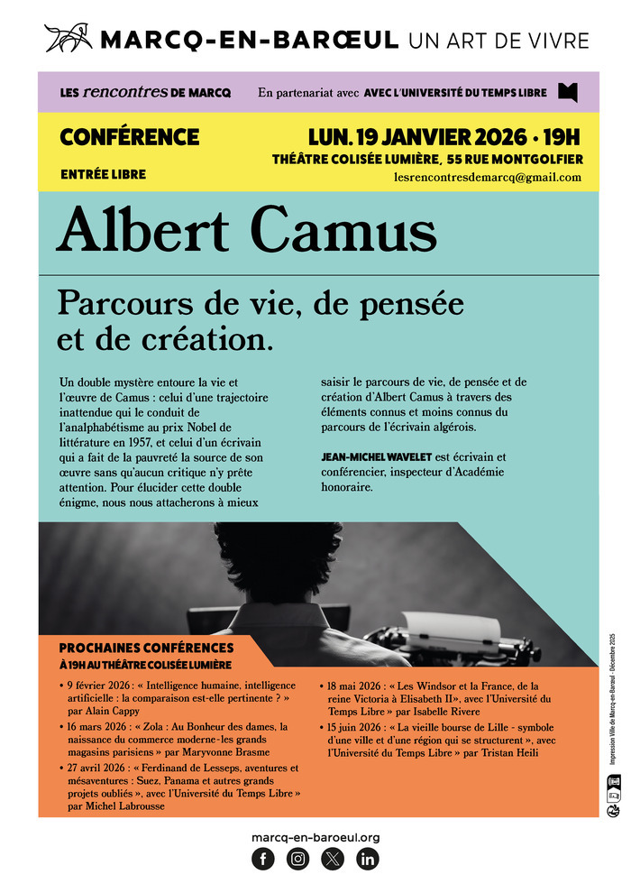 Les Rencontres DE MARCQ,
En partenariat avec AVEC L’UNIVERSITÉ DU TEMPS LIBRE