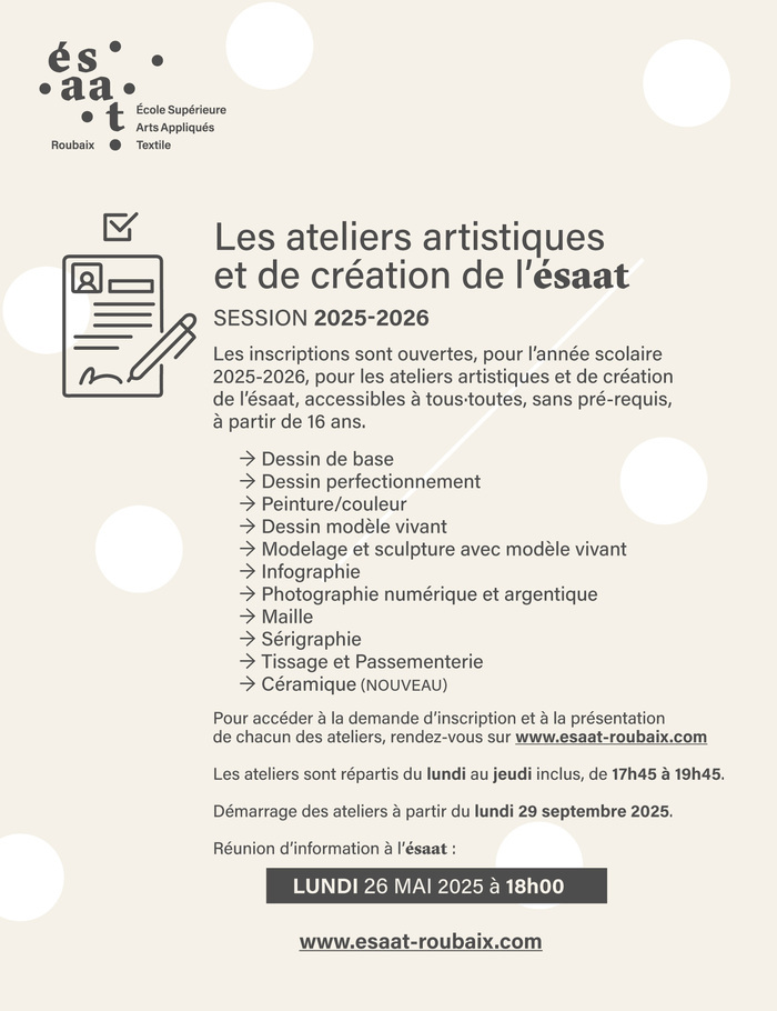 ateliers artistiques saison 2025-2026 ésaat Roubaix