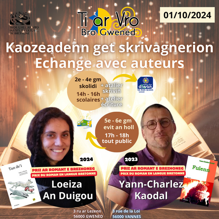 Ti Ar Vro Gwened accueille le mardi 1er octobre Loeiza an Duigou, lauréate 2024 du prix du roman en langue bretonne pour son livre « Tan d'ei » et Yann-Charlez Kaodal, lauréat 2023 pour "Fulenn"
