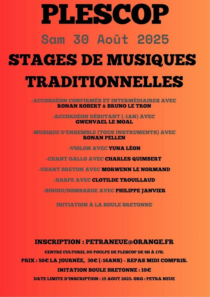 L'association PETRA NEUE de Plescop organise une journée de stages de musique traditionnelle le samedi 30 août 2025.