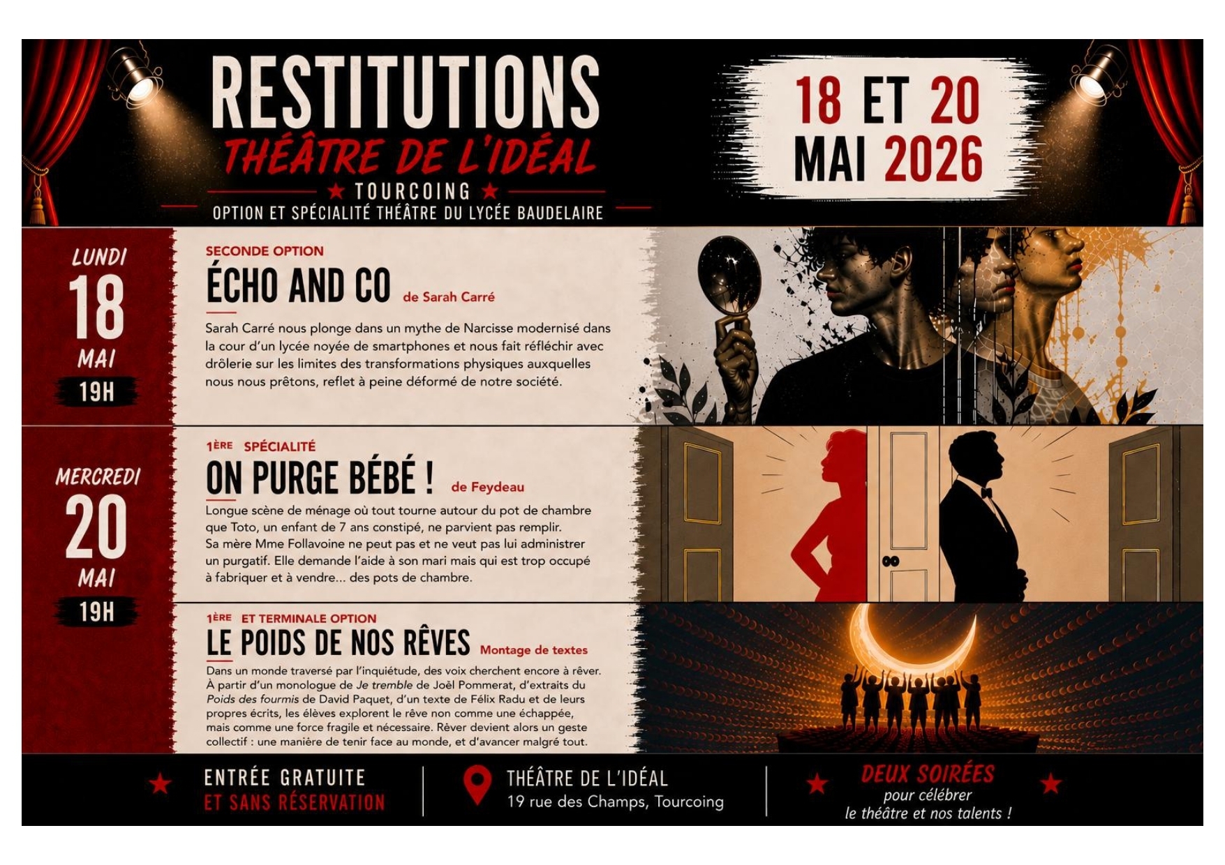 Spectacles des élèves d'option et de spécialité théâtre du Lycée Baudelaire : On purge bébé de Feydeau et le poids de nos rêves