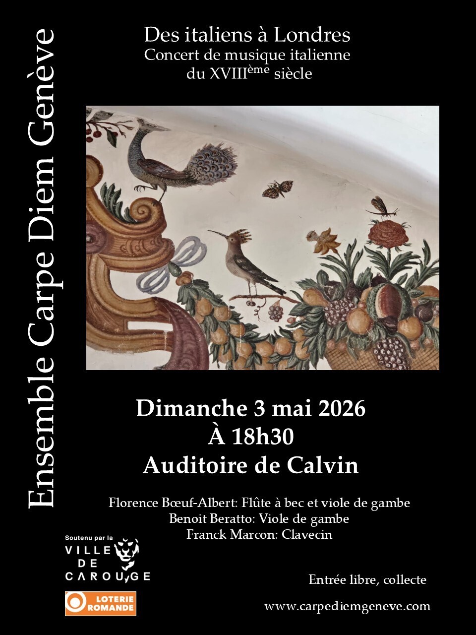 Concert de musique italienne du XVIIIème siècle par l'Ensemble Carpe Diem Genève. Avec Flûte à bec, viole de gambe et clavecin.