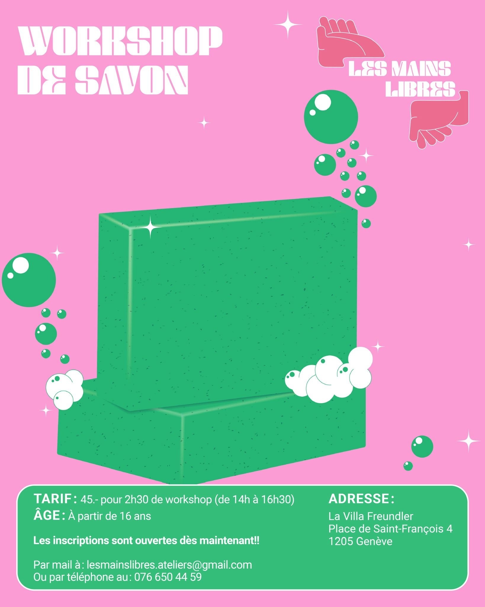 Atelier de fabrication de savons samedi 2 mai 2026 de 14h à 16h30. Dès 16 ans. Villa Freundler à Plainpalais. Tarif 45.-