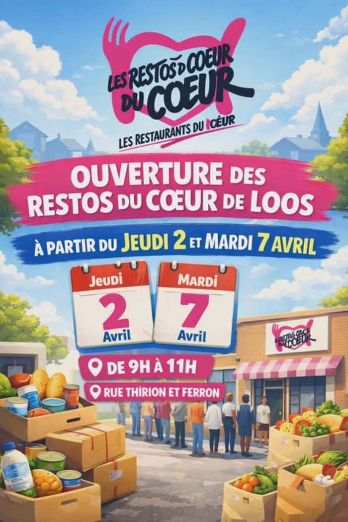 Ouverture des restos du coeur de LOOS, les jeudi 2 et mardi 7 avril 2026 de 9h à 11h