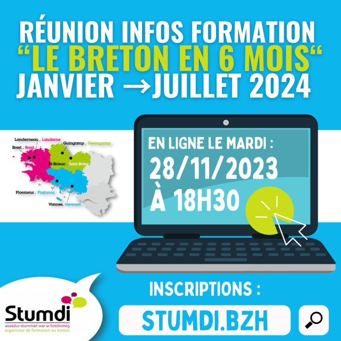 Stumdi, centre de formation en langue bretonne, propose une réunion d’informations pour toutes celles et ceux qui souhaiteraient en savoir plus sur la prochaine session de formation à Vannes.