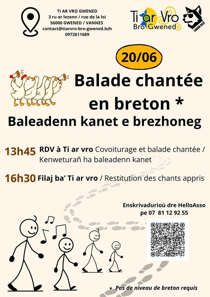 Rendez-vous à 13h45 à Ti ar vro Gwened. Un départ sera prévu en covoiturage pour une balade chantée en breton.
