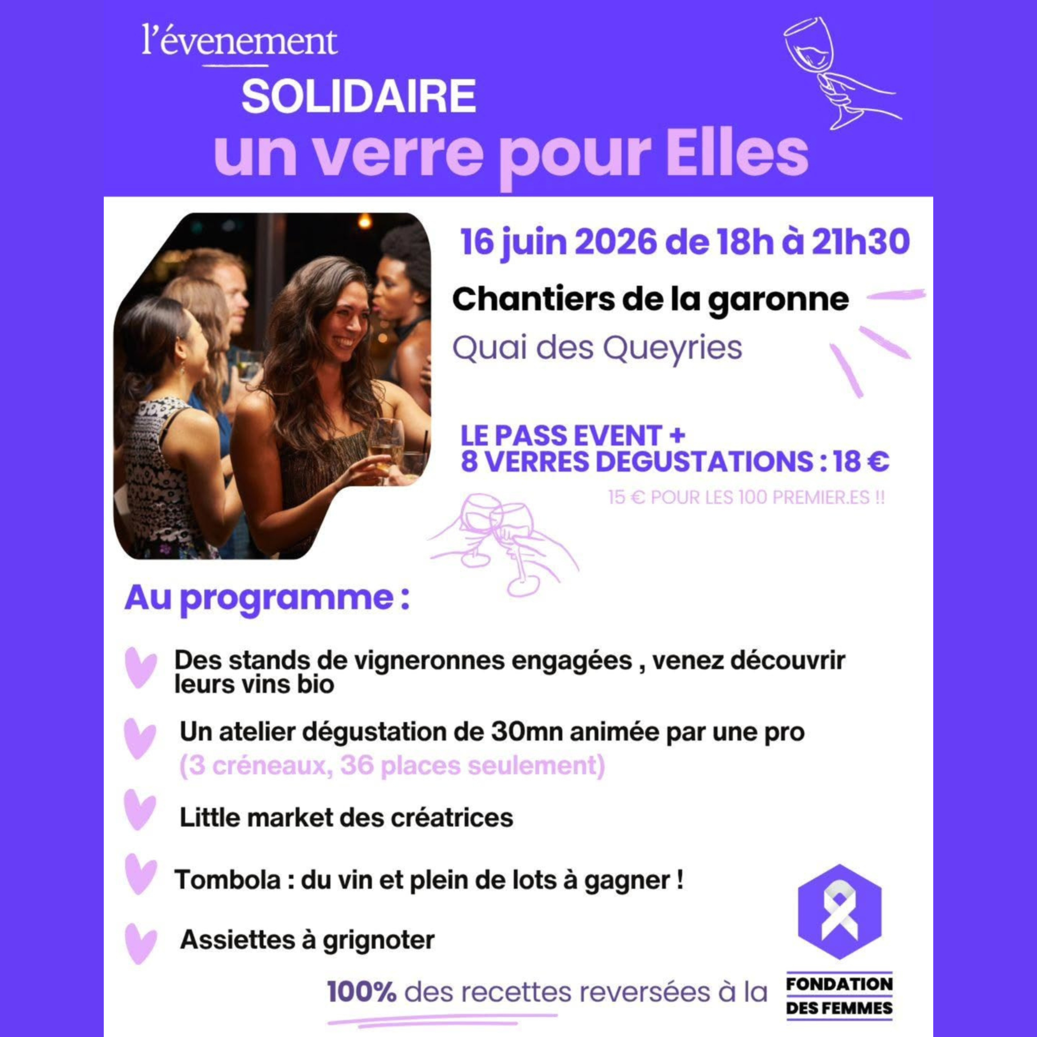 L'événement solidaire un verre pour Elles organisé par des bénévoles de la Fondation des Femmes antenne bordelaise.