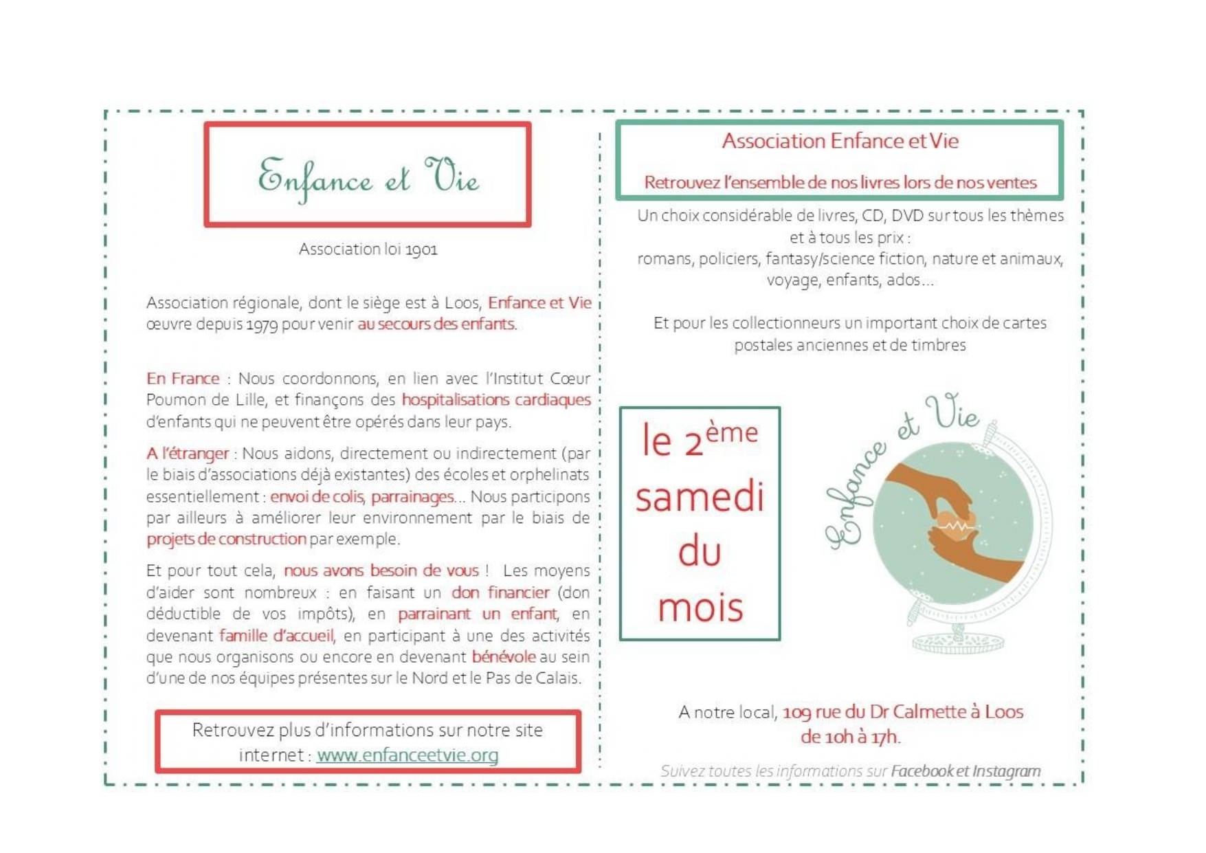 L'association Enfance et Vie vous invite à ses Ventes de livre, CD et DVD tous les 2ème samedi du mois
