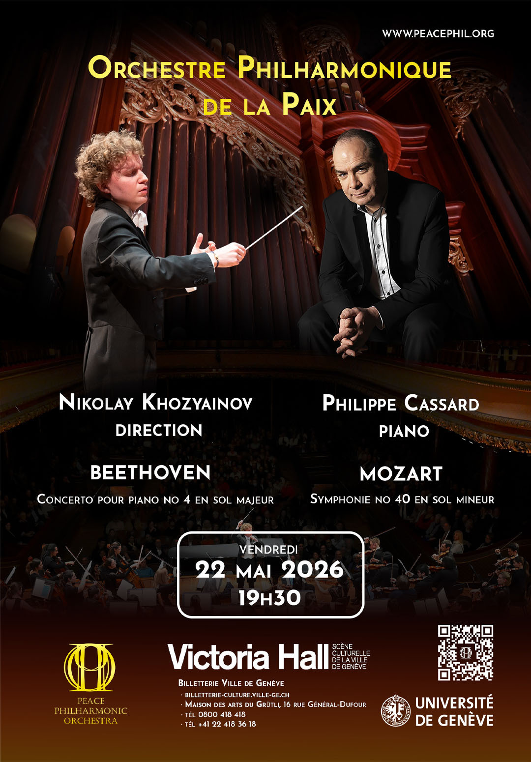 Philippe Cassard avec l’Orchestre Philharmonique de la Paix. Nikolay Khozyainov, direction. Beethoven Concerto n° 4 pour piano. Mozart Symphonie n° 40