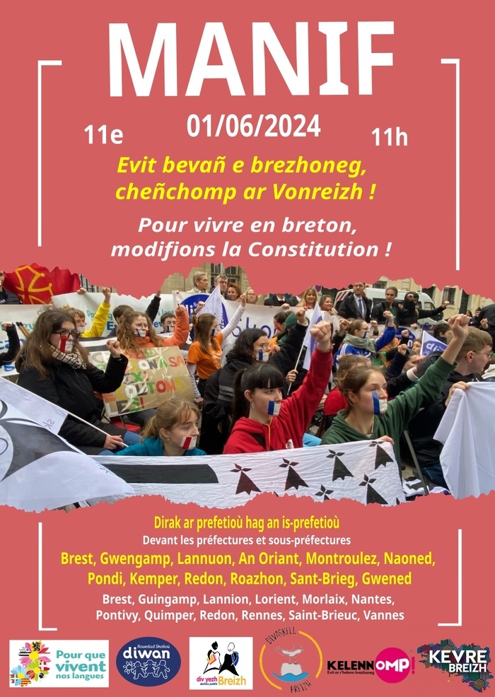 Rassemblements co-organisés par DIWAN, DIV YEZH BREIZH,DIVASKELL, KELENNOMP! et KEVRE BREIZH à Brest, Guingamp, Lannion, Lorient, Morlaix, Nantes, Pontivy, Quimper, Redon, Rennes, Saint-Brieuc, Vannes