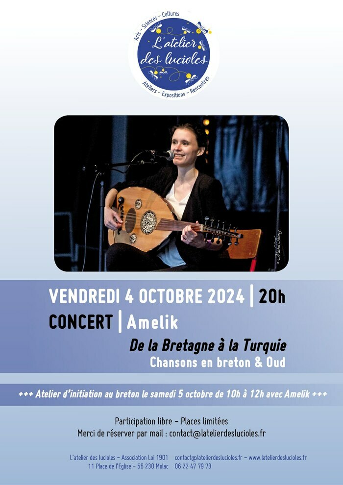 Les concerts solo d’Amelik sont principalement constitués de compositions originales en breton. Elle s’accompagne au oud, instrument traditionnel du Moyen Orient.